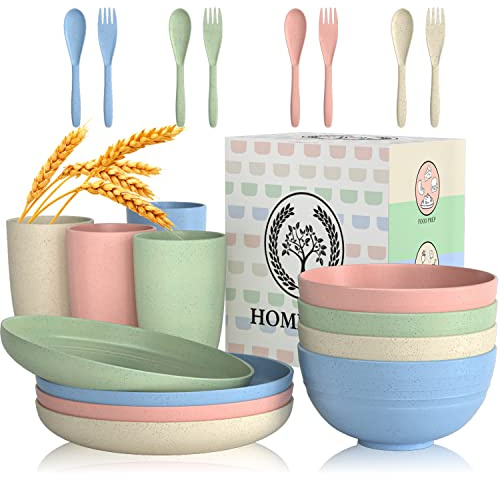 Homienly Wheat Straw Dinnerware Sets 20 PCS Cups and Plates Sets for Kitchen Microwave and Dishwasher Safe Plate Set Unbreakable Camping Dish Set Kids Plates and Bowls Sets for Picnic, RV (Multilight)