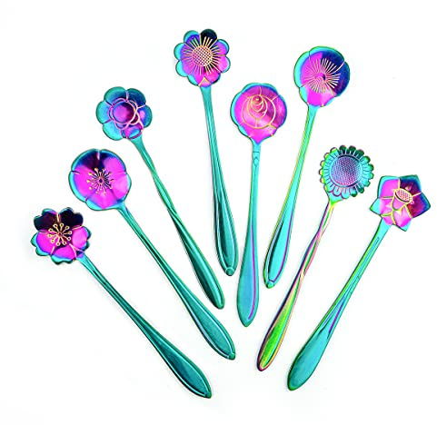 LEEFONE 8 Pieces Rainbow Flower Spoon Coffee Teaspoon Set, Stainless Steel Reusable Cute Tea Spoon for Drink Mixing Milkshake Jam, 8 Different Patterns