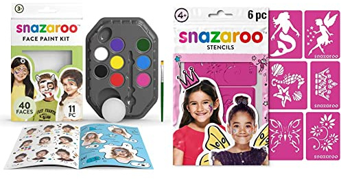 Snazaroo Rainbow Face Paint Palette Kit, 8 Colours, 11pcs, Brush, Sponge, Guide, Water Based, Easily Washable, for Ages 3+ & SZ1198014 Re-usable Face Paint Stencils for Girls-6 Pcs, Pink, Unit