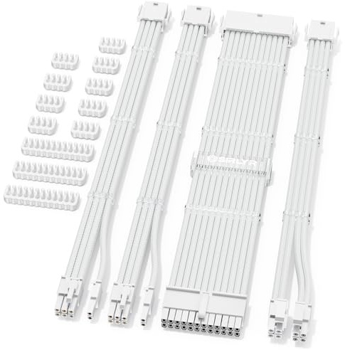 Sirlyr 16AWG weißes PSU-Verlängerungskabel-Kit – hochwertige ummantelte Kabel mit vergoldeten PCIe-Anschlüssen, einschließlich 24-poligem ATX, 8-poligem EPS, zwei 8-poligen PCIe und zwei Kamm-Sets