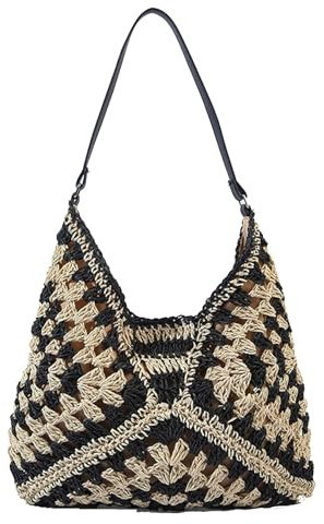Skyearman Ladies Straw Shoulder Bag For Women Summer Beach Bag Large Fashion Shoulder Bag Straw Bag Hand-woven Handbags for Work Beach Trip Vacation (Black)