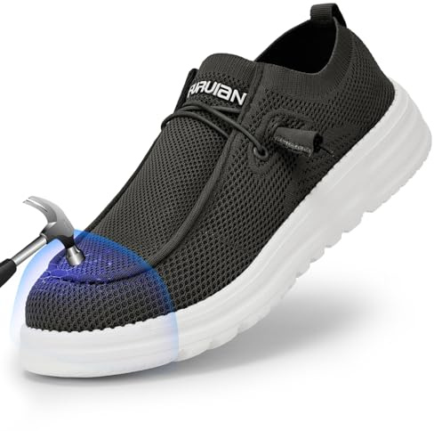 Furuian Cómodos zapatos de punta de acero para hombre, ligeros, sin cordones, con puntera de acero, tenis Lofers, zapatos ligeros de trabajo de seguridad, Gris (Drak Grey), 42 EU