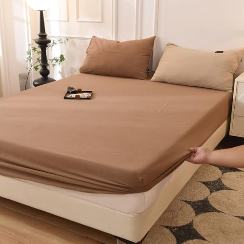 LSZHBSL Jersey Warm Spannbettlaken 150 x 200 + 25 cm Baumwolle Dunkelbraun verstellbar bettwäsche bettlaken Extra Tiefe Tasche Spannbetttuch für Topper Matratze mit Gummizug