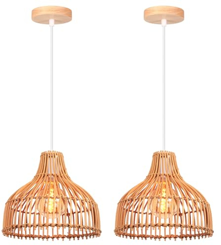 LIGKIN 2 Piezas Lámpara Colgante Ratán Tejido E27 Lámpara de Techo Boho Ø24cm Pantalla de Bambú Lampara Techo Colgante Vintage Deco para Dormitorio Salone Cocina