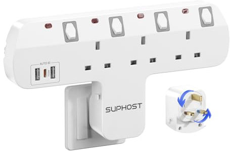 Plug Extension Socket with 180 Degree Rotating UK Plug, 3 Way Multi Plug Adaptor with 2 USB-A & 1 PD 20W USB-C, 13A Fused Plug Adapter with Independent Switches, Multi Socket Plug Extension for Home