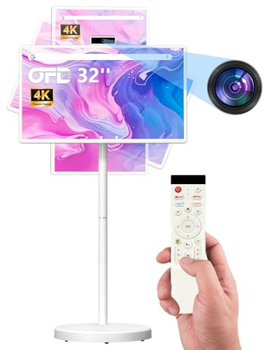 OFD 32 Zoll FHD Smart Portable TV auf Rädern,Rolling TV 1080P Touchscreen Android 15 OS Monitor,6GB RAM + 128GB Speicher, 8MP Kamera, Eingebauter 6–8H Akku,360° Drehbar, Sprachfernbedienung