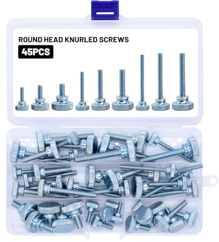 PWGHWG 45 Stück Rändelschraube M4 M5 M6, 9 Größen Hohe Rändelschrauben Set mit Gewinde, Rundkopf Rändelschraube, Rutschfest Daumenschrauben Klemmschraube für Mechanische Geräte (Silber)