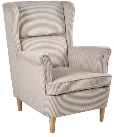 Beliani Sillón orejero clásico con Respaldo Alto tapizado en Pana Patas de Madera Beige Abson