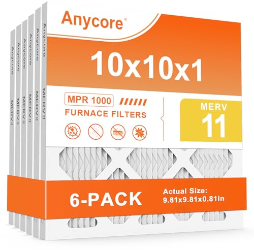 Anycore 10x10x1 Furnace Air Filter 6-Pack MERV 11 AC HVAC Pleated Filters for Home Office MPR 1000 FPR 7 (Actual Size: 9.81x9.81x0.81 inch)