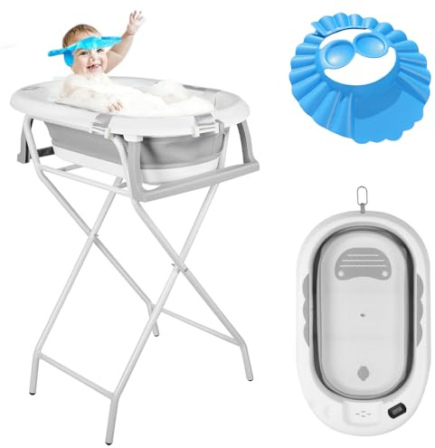 Belfoyer Foldable Baby Bath with Stand, Digital Display Temperature Sensor, Ergonomic Newborn Bathtub for Small Bathroom, Space-Saving Collapsible Design, 92x55x90cm Grey