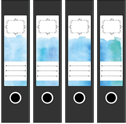 Ordneretiketten | 4 Aufkleber für breite Akten-Ordner | Aquarell blau für Jungen | selbstklebende Design Akten-Etiketten | Deko Sticker für Rückenschilder Ordnerrücken | zum Beschreiben
