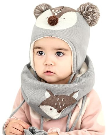 DORRISO Unisex-Baby Jungen Mädchen Mütze Schal Handschuh Set Niedlich Frühling Winter Herbst Beanie Strickmütze Warm Niedlich Klein Fuchs Wintermütze 1-6 Jahre alt Grau M