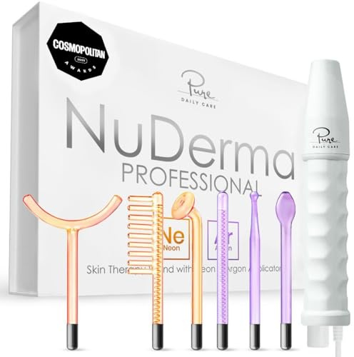 NuDerma Professional Skin Therapy Wand - Portable Handheld High Frequency Skin Therapy Machine with 6 Neon & Argon Wands - Acne Treatment - Skin Tightening - Wrinkle Reducing – Facial Skin Lifter