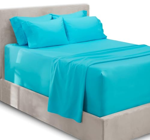 Hearth & Harbor Fits Mattress up to 21, Double Brushed Bedding Sheets & Pillowcases, Microfiber, Beach Blue, Queen