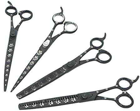 Professionelle Fellschere für Hunde, gerade, gebogen, Effilierschere und Chunker Schere mit Pfotenabdrücken für Hunde, Katzen und Haustiere (Rechtshänder, Schwarz, Edelstahl, 20,3 cm)