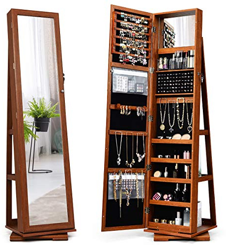 COSTWAY Armario para joyas, armario con espejo con espejo de cuerpo entero y espejo de maquillaje integrado, giratorio 360°, con cerradura, de pie, almacenamiento de joyas, organizador de joyas con