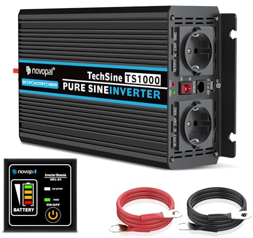 NOVOPAL Convertisseur Pur Sinus 1000W-DC 12V à AC 220V/230V Onduleur-2 Prise Française de Courant Alternatif et 1 Port USB-télécommande avec INCL. 5 mètres