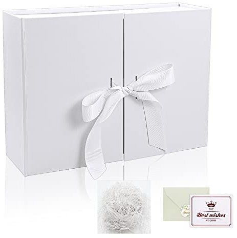 Magnetische Geschenkbox mit Schleife und Deckel, Geschreddertes Papier, für Hochzeit, Geburtstag, Weihnachten, Jubiläum (Weiß, 26.5*19*8cm)