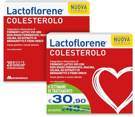 LACTOFLORENE Colesterolo, Fermenti Lattici con Probiotici, Fieno Greco, Riso Rosso, Colina, Niacina, Bergamotto, Senza Glutine Senza Lattosio - Integratori Adulti (2 Pack 20+20 Bustine)