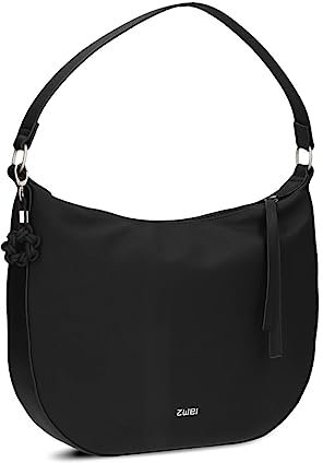 Damen Schultertasche Yuna YU110 Moon-Bag 6 Liter klassisch elegante Hobo-Bag mit Blümchen-Anhänger und Schlüsselband, innen 3 Fächer, extra langes Zipper-Band, hochwertiges Kunstleder (nubuk-black)