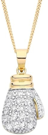 Solid Sterling Silver and 9ct Gold Boxing Glove Simulated Diamond Necklace Pendant for Men and Women. Mens Gold Rhodium Heavy Duty Pendant Necklace for Women and Men. Mens Boxing Gloves Gift.