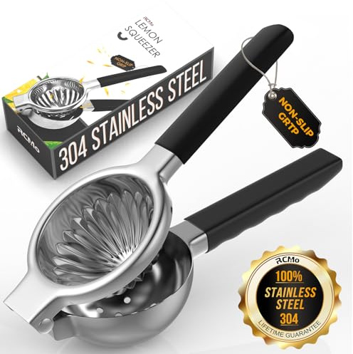 RCMo Stainless Steel Lemon Squeezer - Metal Citrus Juicer - Lime Lemon and Fruit Juicer with Silicone Handles - Large Manual Citrus Press Juicer - Hand Held Squeezer - Ergonomic Design with Solid