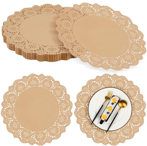 MCEAST Confezione da 100 centrini rotondi in carta kraft marrone, 34 cm, in carta merlettata, centrini rustici, usa e getta, per alimenti, torte, artigianato, feste, matrimoni, decorazioni per la