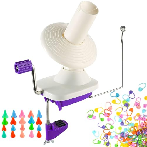 Yarn Ball Winder, Hand Operated Purple Ball Winders for Yarn, Yarn Winder with Easy Installation for Yarn Storage +20 PCS Knit Knitting Needles Point Protectors+100 PCS Stitch Knitting Needles