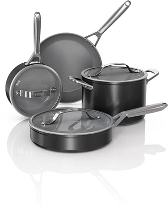 Ninja NeverStick Ceramic Pro 7-Piece Cookware Set, Non-Stick Pots, Pans, Glass Lids, Ceramic Coated, Stainless Steel Handles, Stove to Oven Safe, All Stovetops & Induction Compatible, Black, CW39007BK