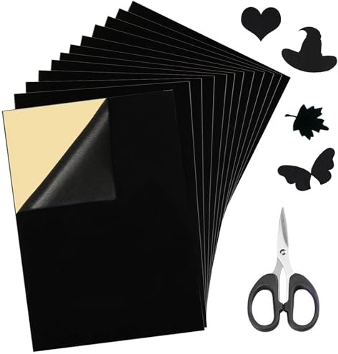 Self Adhesive Felt Sheets, 12PCS Black Felt Fabric, 30x21CM Black Velvet Fabric Adhesive Back Sheets Felts Sheet with Small Scissors for Jewelry Box Drawer Liner Craft Making Crafts