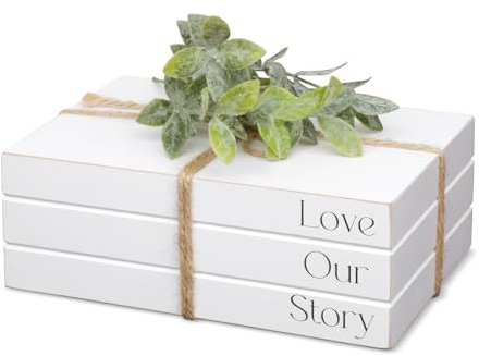 kroucoco Decorative Wooden Books for Home Decor, White Faux Books for Display, Rustic Farmhouse Stacked Books (LOVE OUR STORY)