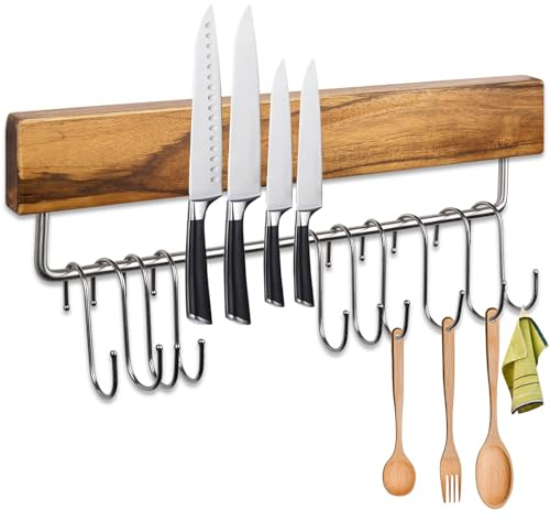 Barra magnética universal de madera, 43 cm, soporte para cuchillos con 10 portaaccesorios, sistema autoadhesivo de alta resistencia para organización de cocina