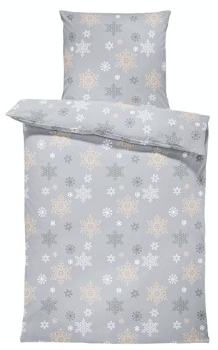 one-home Winter Biber Bettwäsche Baumwolle Kuschelig Flauschig Warme Weiche Flanell Bettbezüge Modern, Größe:2 teilig 135x200 cm, Farbe:Schneeflocken Kristalle grau