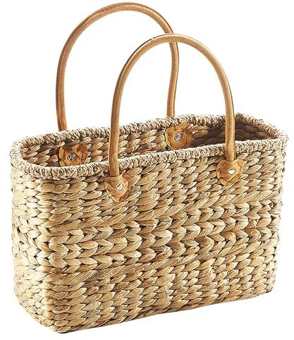 Kobolo - Korbtasche aus Wasserhyazinthe mit Lederhenkeln - 38x16x24 cm - Handgefertigte Strandtasche/Shopper, Für den Strand, zum Einkaufen, vielseitig einsetzbar, zeitloses Design