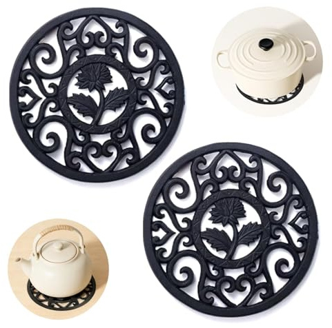 2Pcs Cast Iron Trivet Tea Pot Stand, 13.5cm Round Metal Trivet with Vintage Patterns Non Slip Coasters for Serving Hot Dishes, Pans, Pots,
