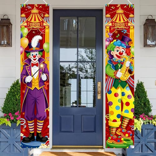 2 striscioni per porta clown, decorazione di carnevale, decorazione per carnevale, clown, circo, feste, da appendere, per casa, finestre, carnevale, feste, 180 x 30 cm (#01)