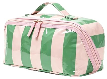 Auony Travel Makeup Bag for Woman, Waterproof Stripe Cosmetic Organizer Pouch with Compartments & Handle, Large Capacity Open Flat Toiletry Bag for Home Travel (Green)