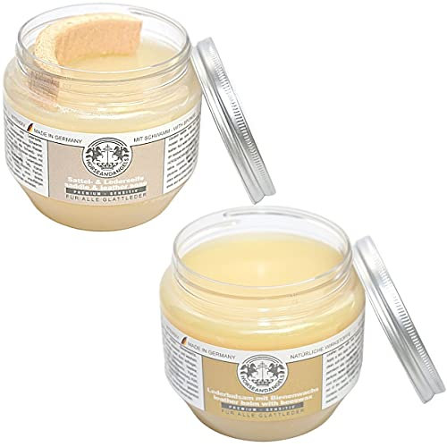 HORSEANDANGELS Lederpflege Set - Bienenwachs Lederbalsam und Glycerin Sattelseife mit Schwamm Paket ideal für Pferde Sattel, Reitstiefel, Trense, Schuhe, Autositze, Ledercouch - je 200ml