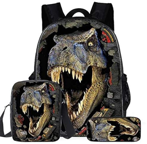 Lengender Sac à Dos Garçons, Sac d'école Primaire Cartable Dinosaure avec Sac Repas Trousse à Crayons Sets de Sacs Scolaires pour Enfants (D)