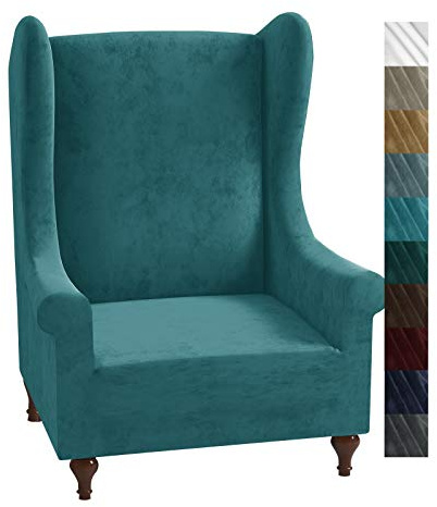 XINEAGE 1 Piece Velvet Wingback Chair Slipcover Stretch Wing Chair Cover Non Slip Furniture Protector with Foam Rods for Living Room (Wingback Chair, Peacock Blue)