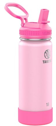 TAKEYA Actives Kids Glow-in-the-Dark Water Bottle with Straw Lid - 18 oz, Summer Glow Pink - Stainless Steel, Keeps Cold 24 Hours, Leakproof, Dishwasher Safe - Kids Water Bottle with Straw Cap