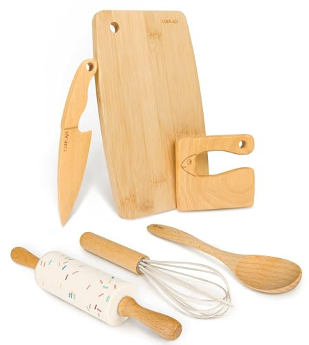 LUOLAO Wooden Kids Safe Knife and Kids Baking Set for Real Cooking, 6 PCS Toddler Montessori Kitchen Tools, Cooking and Baking for Little Chefs