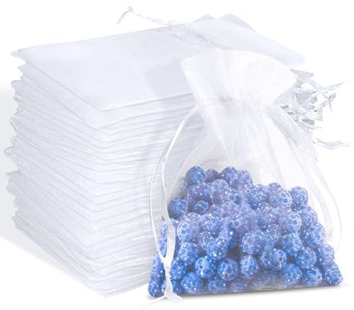 gelpretty 100 Bolsas de Organza, 10 x 15 cm Blancas, con Cordón, para Bodas y Regalos
