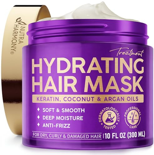 Hydrating Hair Mask - Deep Conditioning Treatment for Dry, Frizzy & Damaged Hair - Keratin Mask with Coconut & Argan Oils, Collagen & Wheat Protein - Smooths, Softens & Controls Frizz, Curl-Safe, 10oz