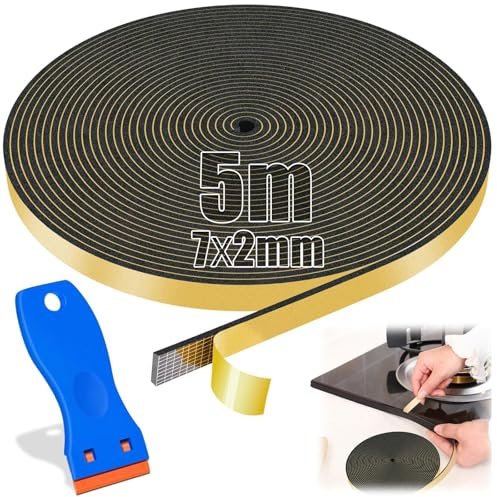 SWTYExt 5m Dichtband Spüle 7mm x 2mm Ceranfeld Dichtungsband mit Kleinem Schaber Dichtungsband für Kochfeld Dichtband Selbstklebend Moosgummi Selbstklebend 2mm für Herdplatte Induktionskochfeldes