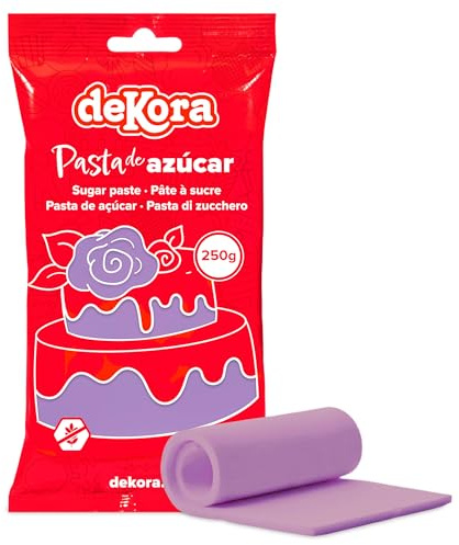dekora - Pasta de Azúcar Fondant Lila para Tartas - Cobertura para Bizcochos, Tartas, Pasteles, Magdalenas o Cupcakes con el que Hacer Todo Tipo de Decoraciones - Modelado Fácil - 250 g