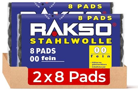 RAKSO Stahlwolle fein 00-16 Pads - 2x8 Stk. glättet Hölzer, Reinigung Kunststoffjalousien, Gartenmöbel, Aluminium aufpolieren