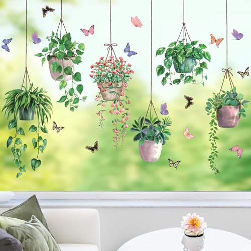 ANHUIB Spring Plant Window Stickers Green Leaves Flower Birds Window Clings Tropical Botanical Cactus Window Stickers Hanging Green Potted Plant Window Decals Anti-Collision Glass Sticker