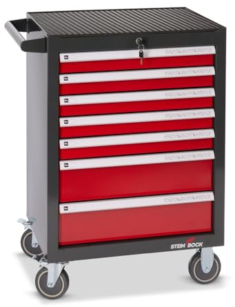 Steinbock Werkstattwagen M mit 130-teiligem Werkzeugsatz | 7 Schubladen mit Arretierung | 90% Schubladenauszug | HxBxT 97 x 75,5 x 46 cm | Abschließbar | Feststellbremsen | vormontiert | Schwarz/Rot