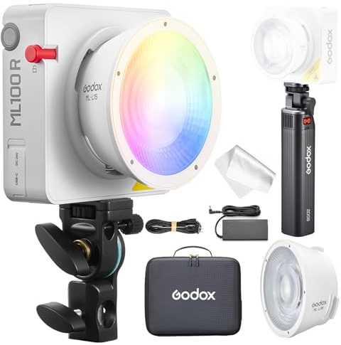 Godox ML100R Kit3 Luce Video LED RGB ca.110W, Riflettore 15° & 36° Incluso, 12900Lux @1m, 1800K-10000K, 14 Effetti FX, Impugnatura Batteria BG02, Godox Mount per Vlog